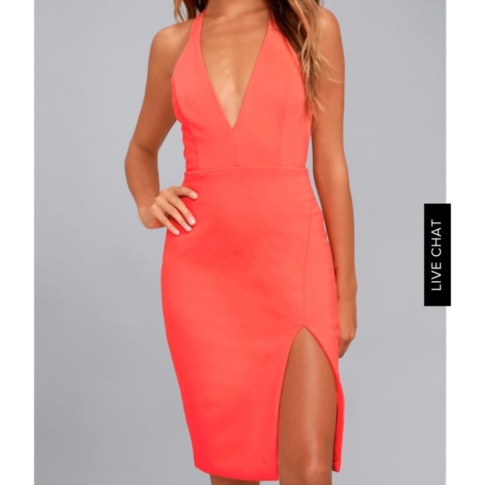 Lulus Aglow Neon Coral Bodycon Midi Dress